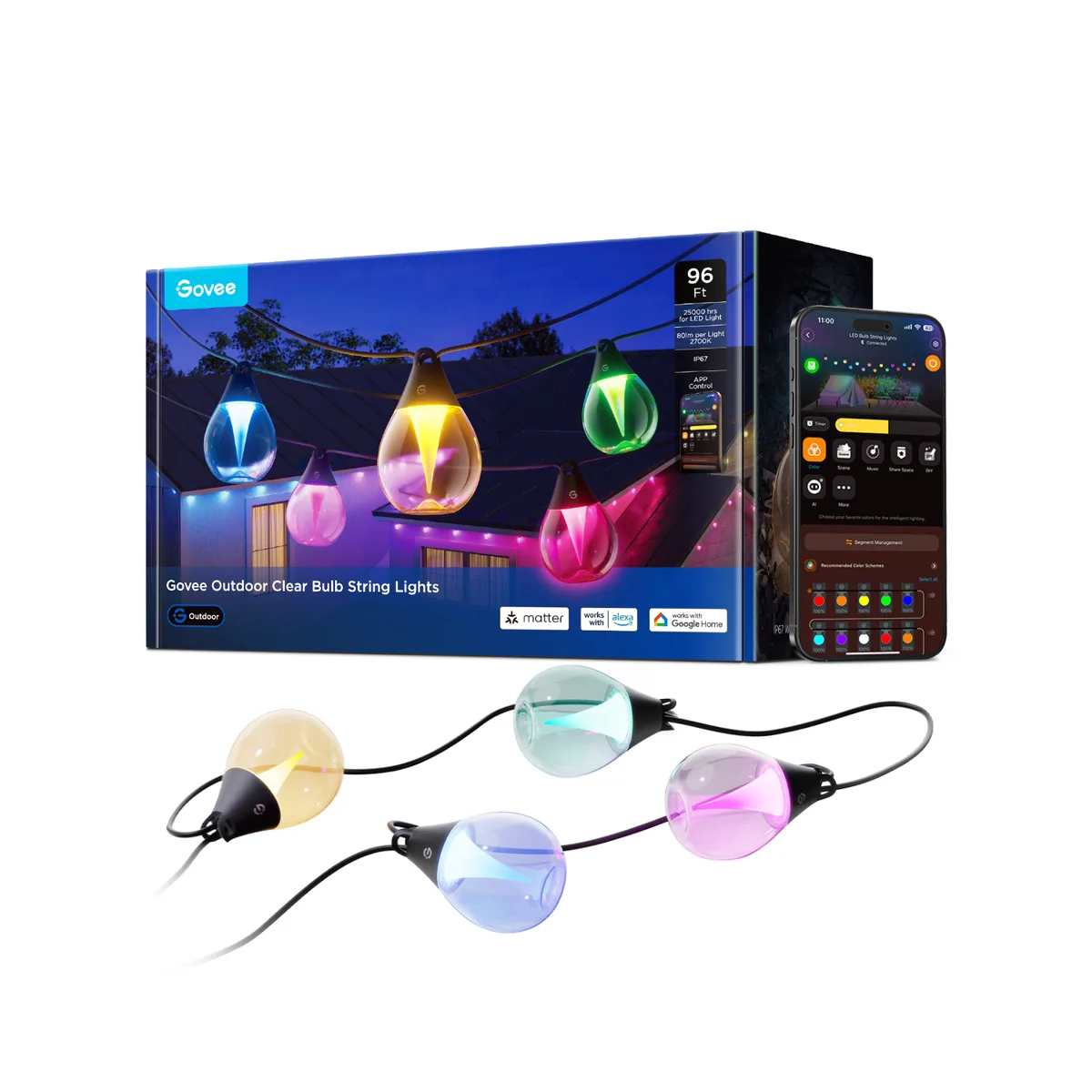 Outdoor LED String Lights with Clear Color-Changing Bulbs